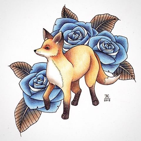 Tender orange fox and gigant blue roses tattoo design