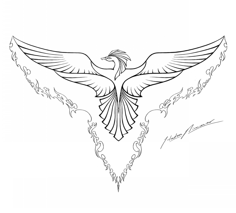 Tender outline phoenix with flaming wings and tail tattoo design