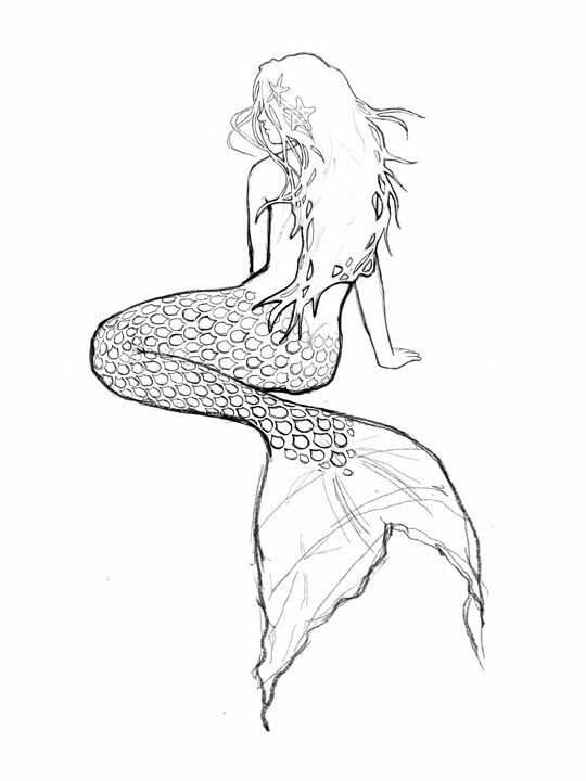 Tender pencil-drawing outline mermaid turn its back tattoo design