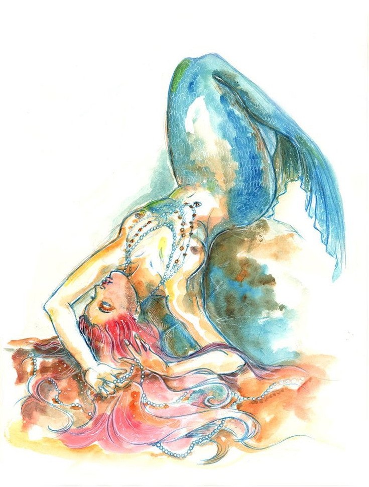 Tender right watercolor lying mermaid tattoo design