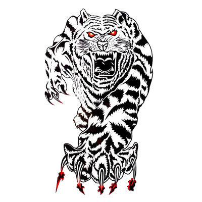 Terrible black-and-white tiger with red eyes and bloody clutchers tattoo design