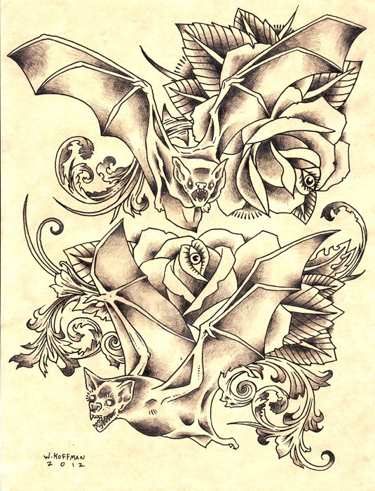 Terrible grey-ink bats and eyed rose buds tattoo design