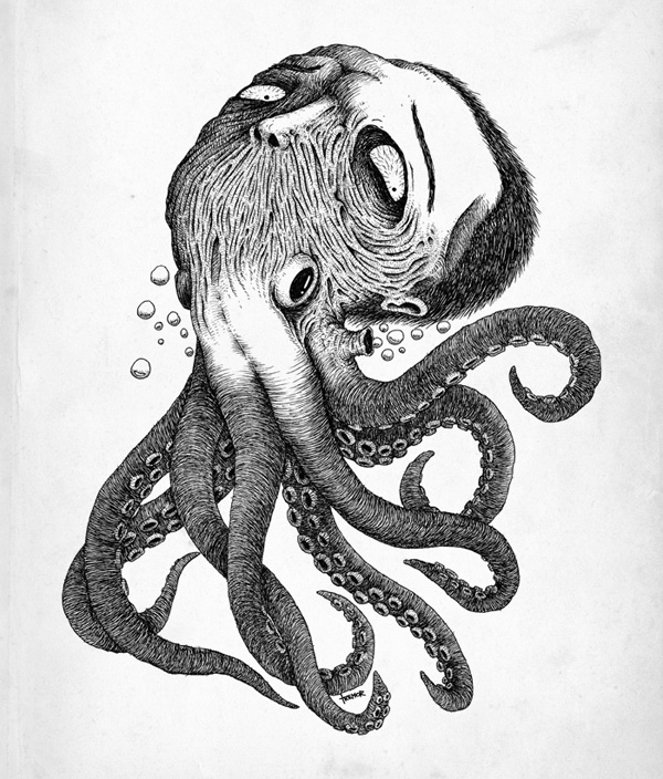 Terrible octopus with Edgar Poe head tattoo design