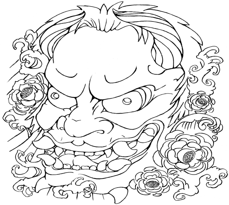 Terrific outline japanise demon face with a lot of flowers tattoo design