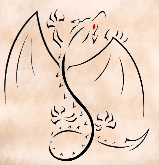 Thin black line red-eyed dragon silhouette tattoo design