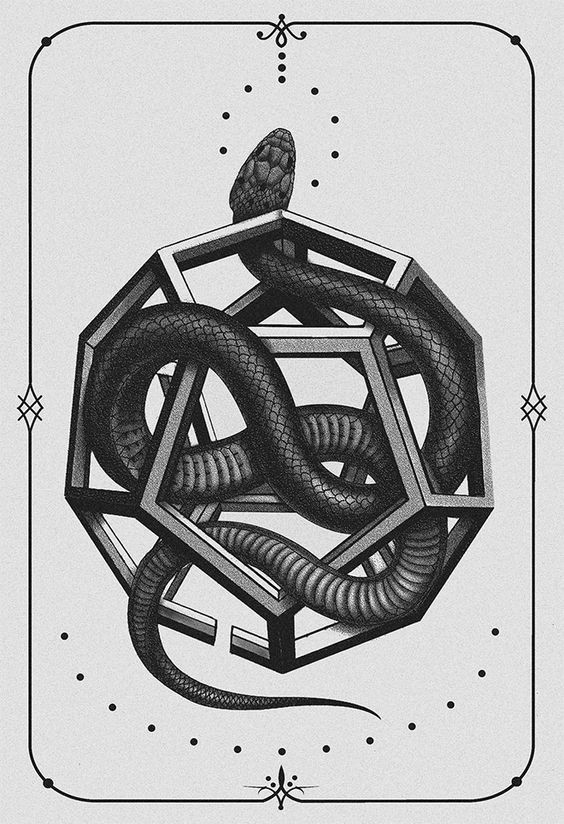 Thin black snake crawling on metal geometric figure tattoo design