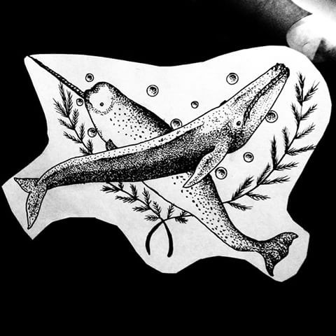 Thin dotwork whale and long-nose fish tattoo design