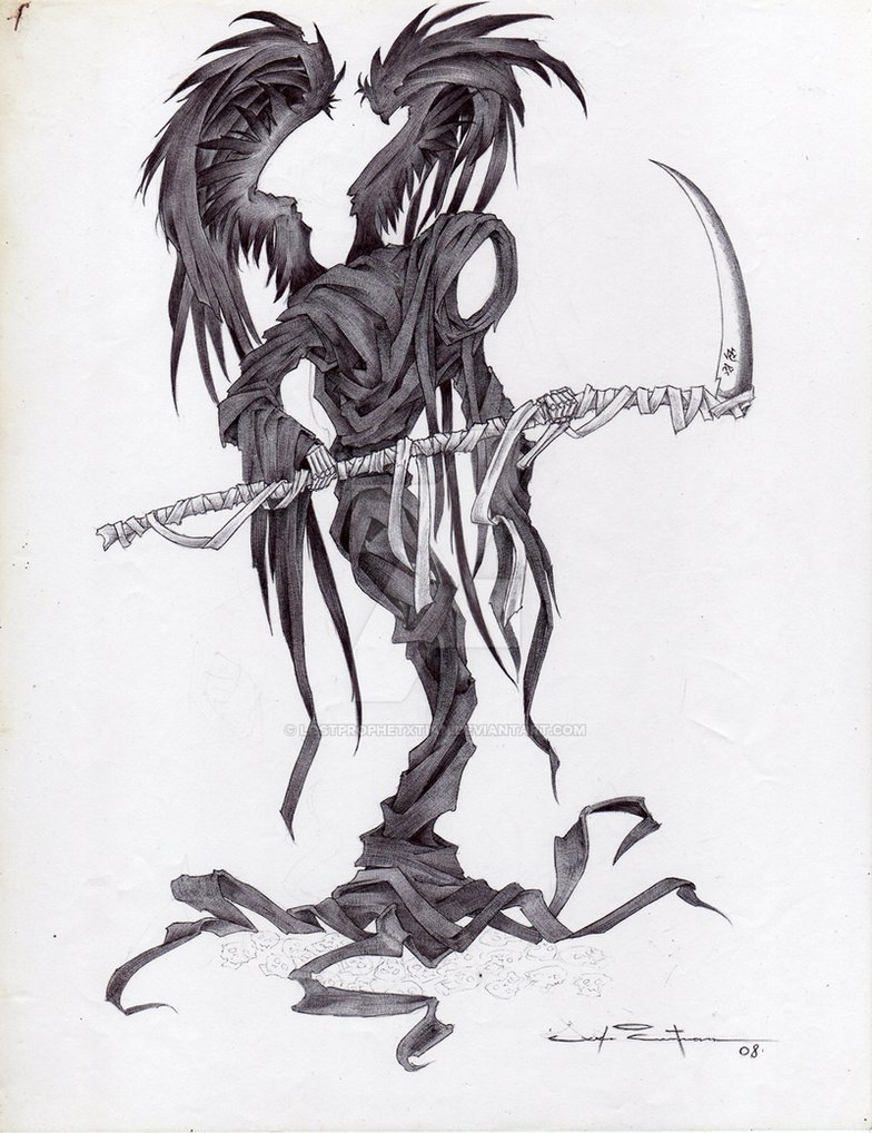 Thin winged death with a bandaged scythe tattoo design