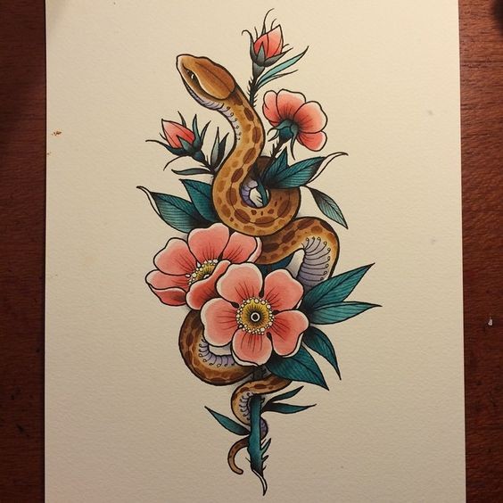 Thin yellow snake embracing pink lower stem tattoo design