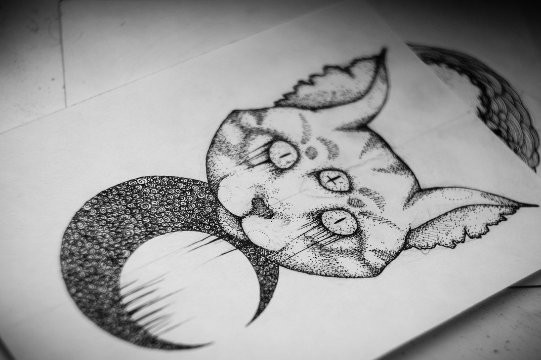 Three-eyed cat keeping a black moon in mouth tattoo design by Askaraya