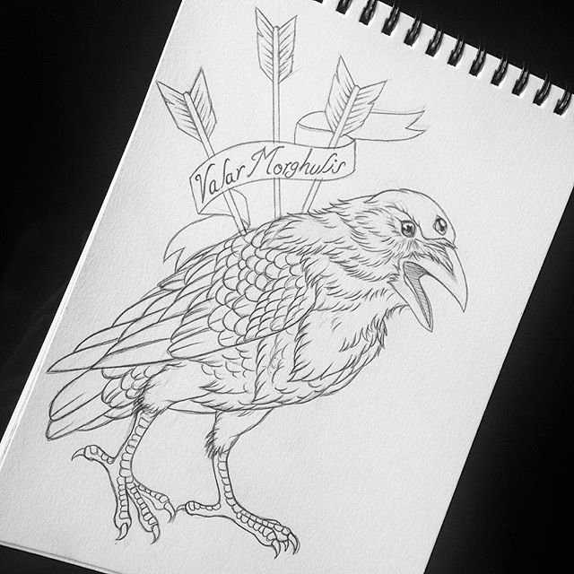 Three-eyed raven pierced with three arrows and lettering tattoo design