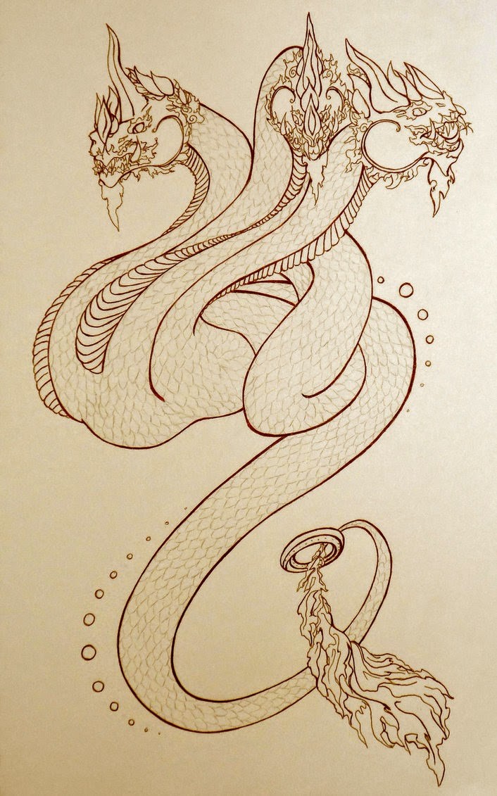 Three-headed dragon with a ring on a tail tattoo design