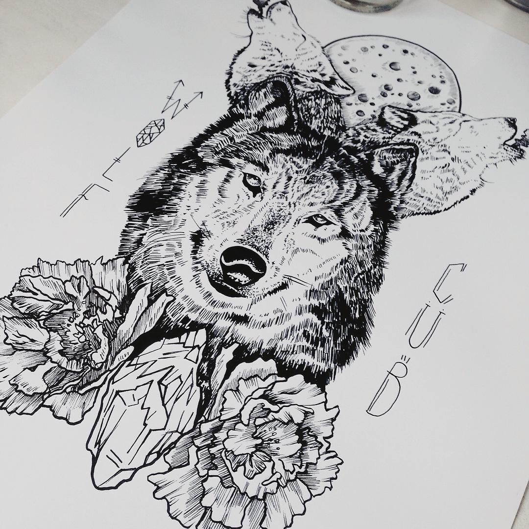 Three beautiful wolfs with flowers and full moon tattoo design