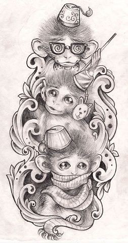 Three black-and-white detailed monkeies in curls tattoo design