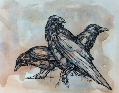 Three black-and-white waiting ravens tattoo design