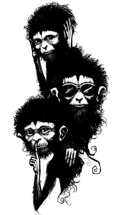 Three black fabled monkies in modern style tattoo design