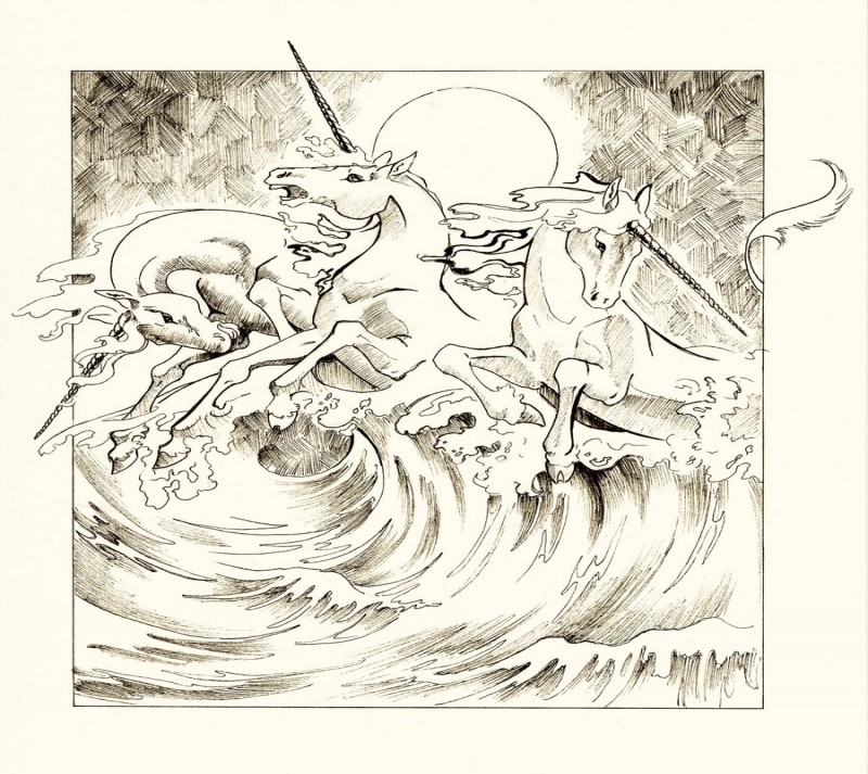 Three colorless unicorns swimming in storming sea tattoo design by Shalladdrin