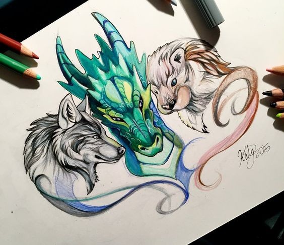 Three different colored animal heads tattoo design