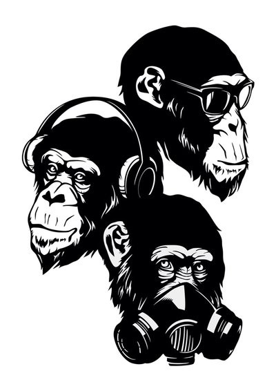 Three fabled black-ink chimpanzee heads tattoo design by Takihisa
