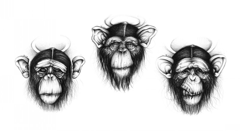 Three fabled chimpanzee with sewed up eyes and mouth tattoo design