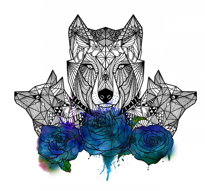 Three geometric-style animal heads and blue watercolor rose buds tattoo design