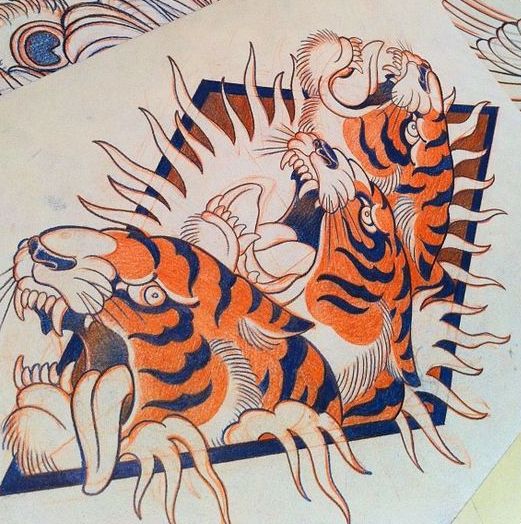 Three old school tigers in flamed rhombus tattoo design