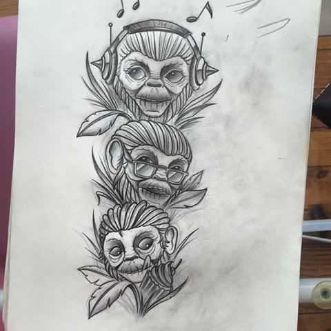 Three uncolored storied monkies tattoo design