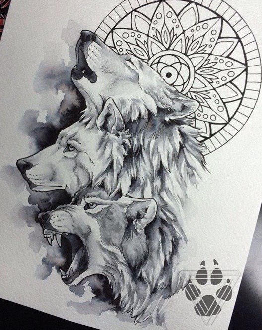 Three white wolfs on mandala background tattoo design