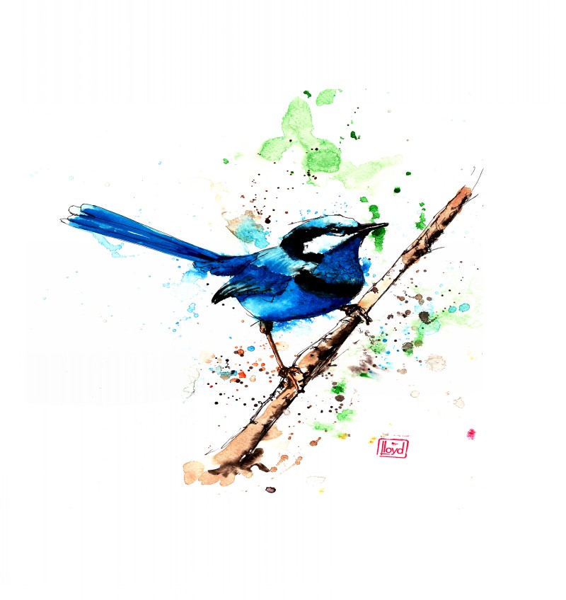 Tiny blue sparrow in vivid watercolor splashes tattoo design
