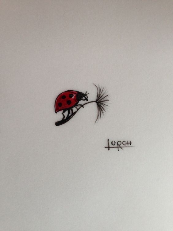 Tiny colored ladybug flying by dandelion tattoo design