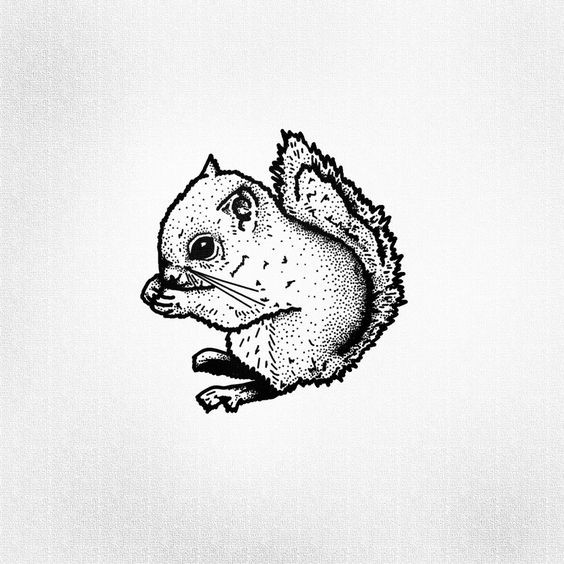 Tiny dotwork squirrel gnawling an acorn tattoo design