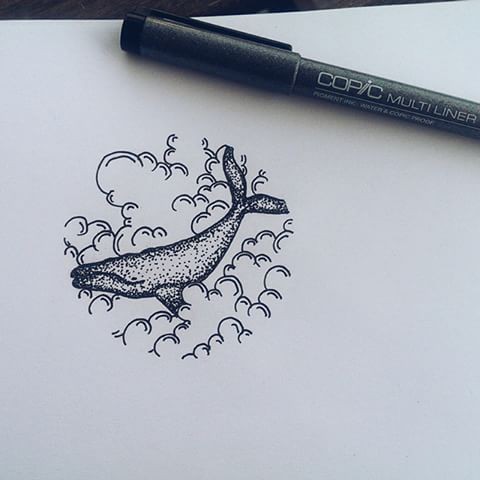 Tiny dotwork whale flying among clouds tattoo design