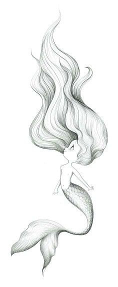Tiny grey-ink mermaid girl with long hair tattoo design