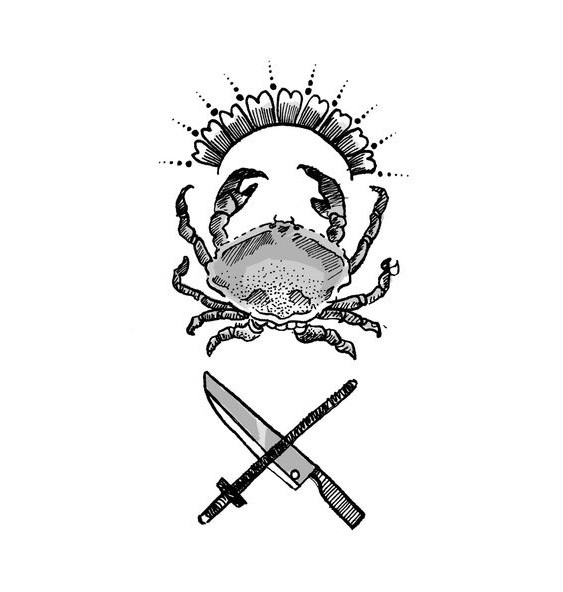 Tiny grey shining crab with crossed sword and knife tattoo design