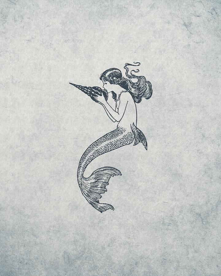 Tiny nautical mermaid kissing a huge shell tattoo design