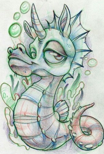Tired animated new school seahorse with horn tattoo design