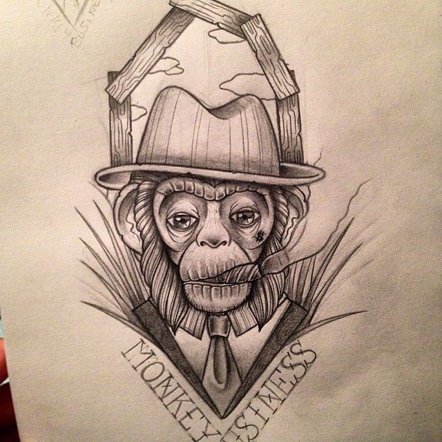 Tired black-and-white mr monkey smoking a tobacco pipe tattoo design