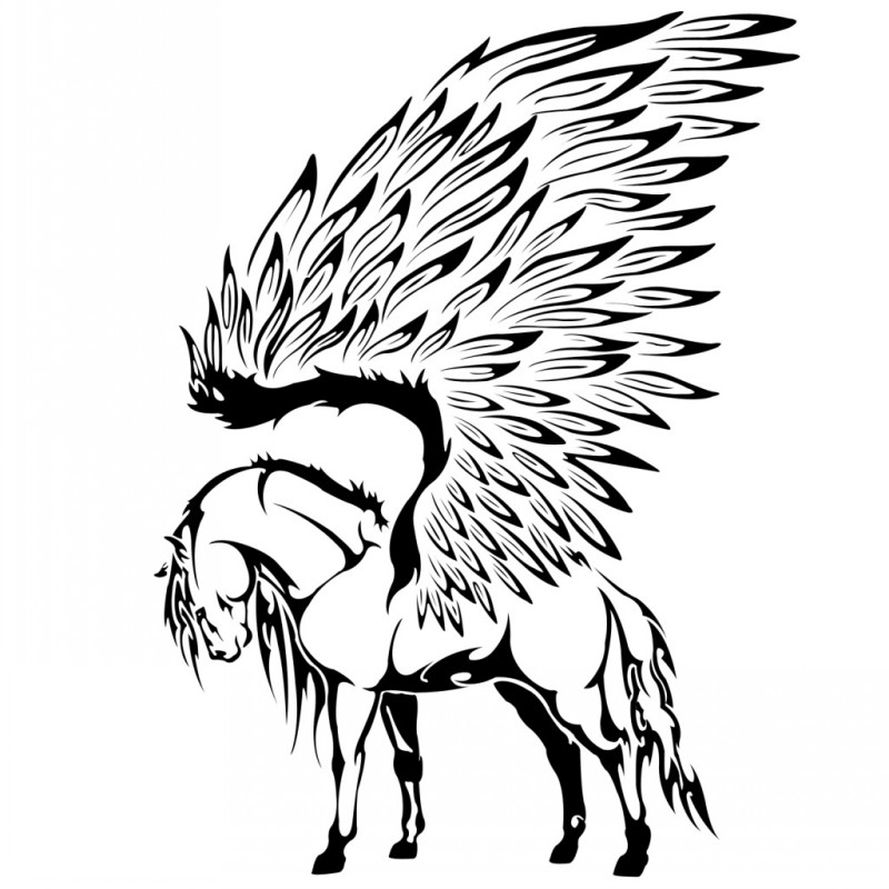 Tired black outline pegasus with giant feathered wings tattoo design