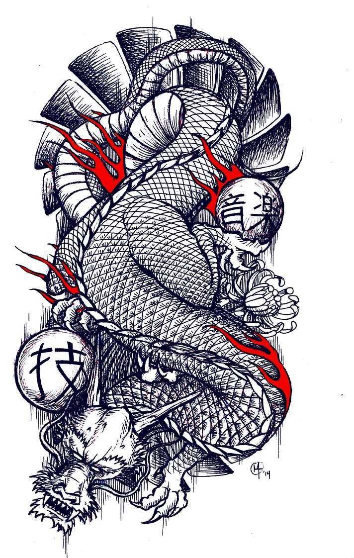 Tired japanese dragon with balls tattoo design for women