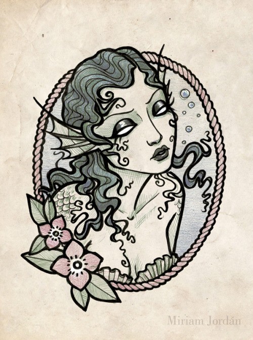 Tired mermaid portrait in flower decorated frame tattoo design