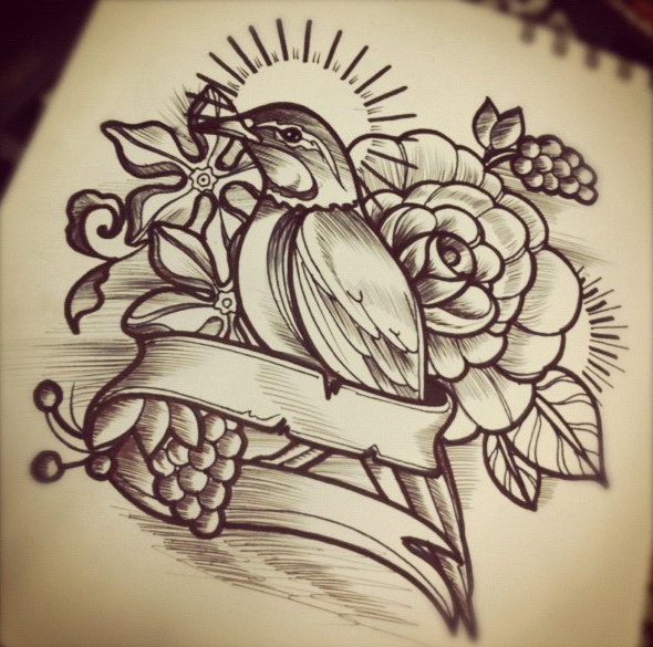 Traditional black-and-white bird with rose and stripe tattoo design