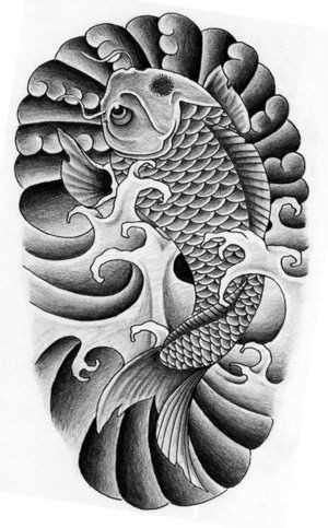 Traditional black-and-white koi fish tattoo design - Tattooimages.biz