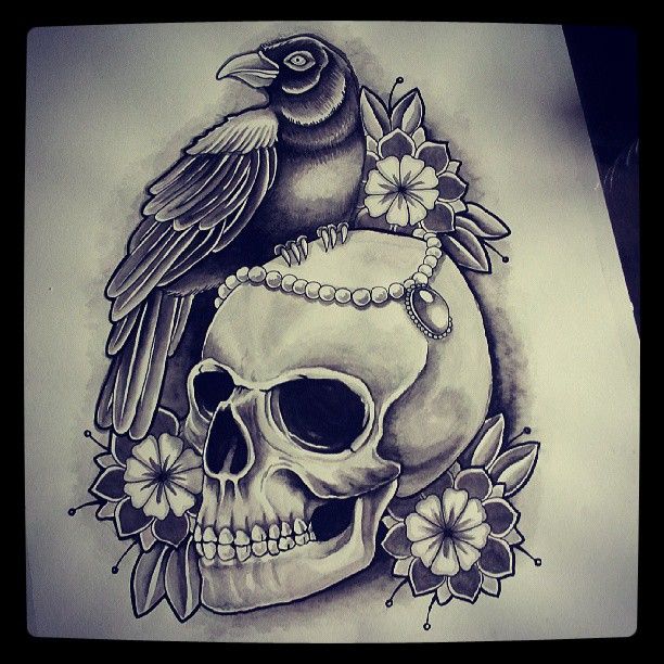 Traditional black-and-white raven with skull and flowers tattoo design