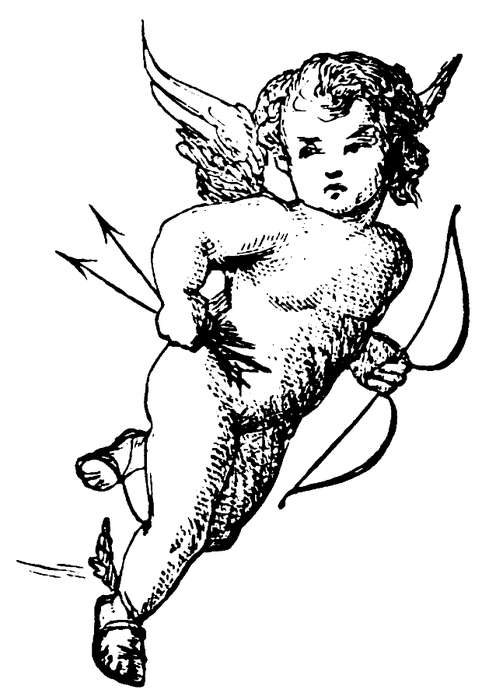 Querubim de anjo de tinta preta tradicional com um desenho de tatuagem de arco e flechas