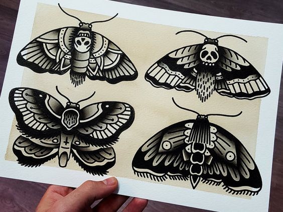 Traditional black-ink moth tattoo design collection