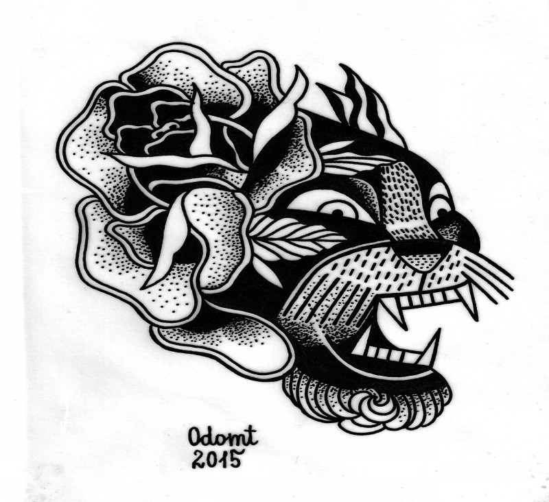 Traditional black-ink panther and rose in old school style tattoo design