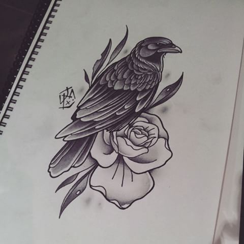 Traditional black raven and flower tattoo design