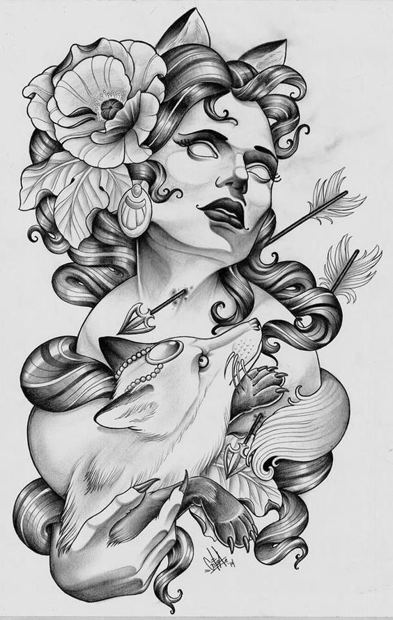 Traditional blind-eyed woman and white fox tattoo design