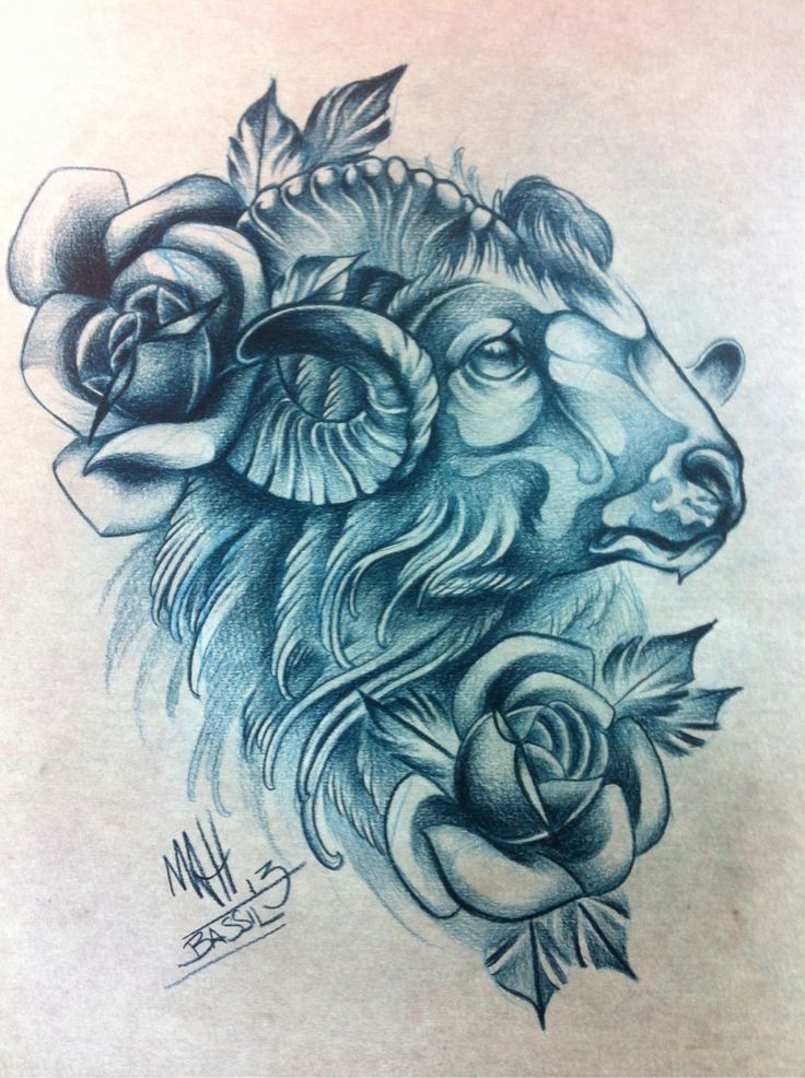 Traditional blue-color ram portrait with roses tattoo design