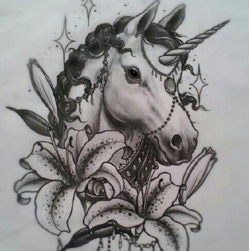 Traditional circus unicorn and lily flowers tattoo design